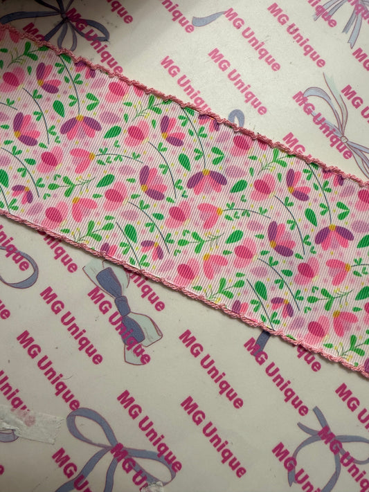 Pink and Lilac floral 3” moon stitch ribbon