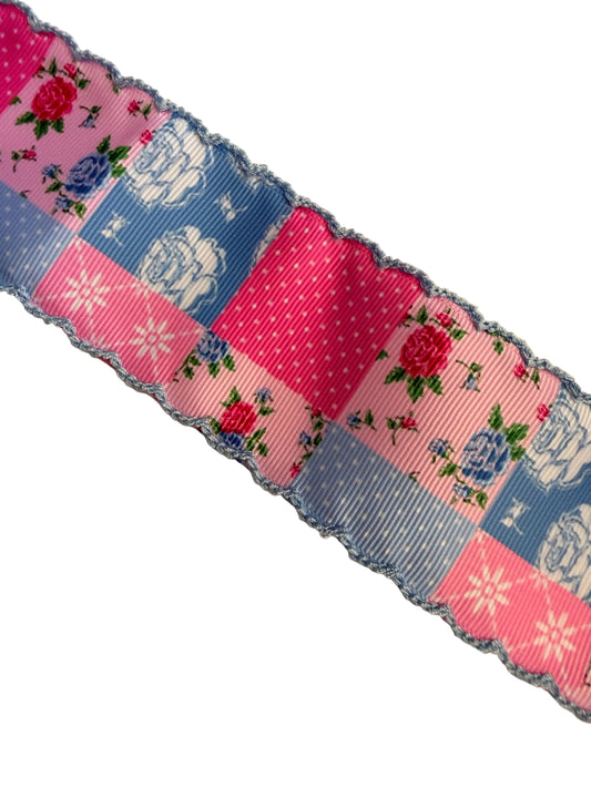 Patchwork ribbon with floral and geometric patterns on a beige background